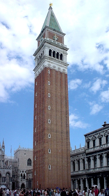 the campanile. It looks new and it is. Originally built in the 10th century to serve as a lighthouse, the structure toppled just after the turn of the 20th century prompting renewed concern over the fate of the leaning tower of Pisa. The citizens of Venice missed the structure so much that they were compelled to reconstruct a replica of the original tower that recreated the original look of the St. Mark's Square.